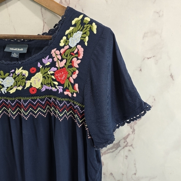 ModCloth Dress Womens Large Blue Shift Peasant Embroidered Floral Peace Mod - Picture 11 of 12